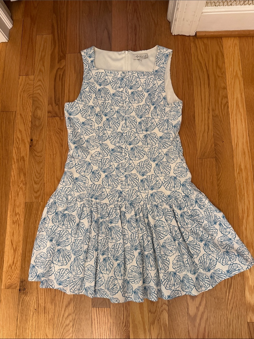 Wayf White Dress with Blue Shell Pattern